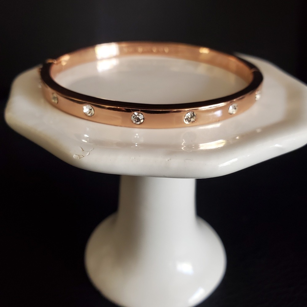 Kate Spade Set In Stone Hinged Bangle Rose Gold Plate with Clear Crystals Signed